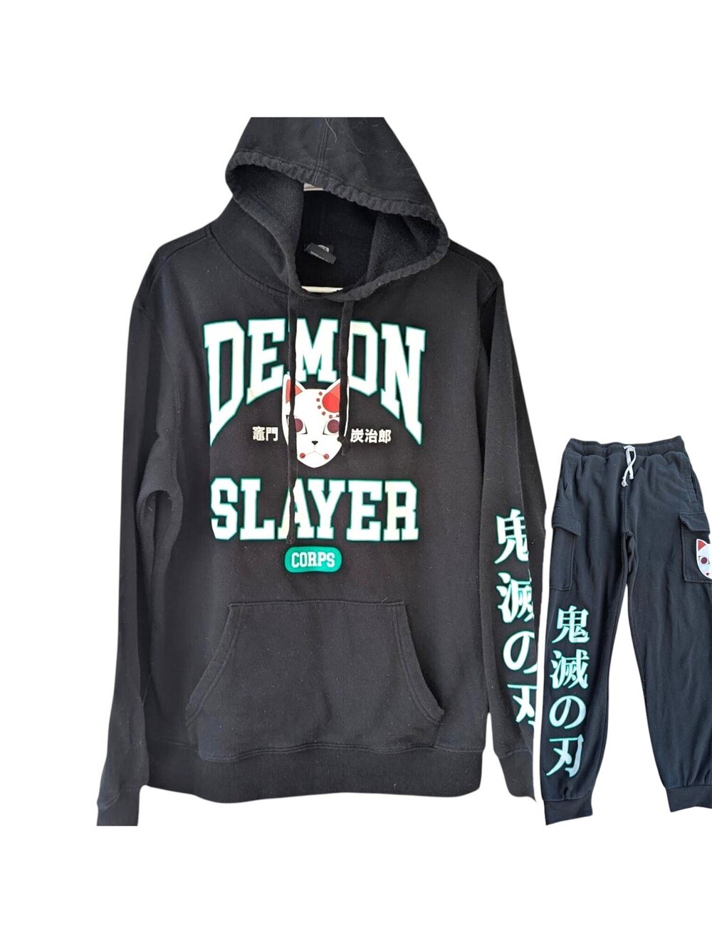 Demon Slayer Hoodie Sweatpants Set Mens M Black Anime Graphic Sweatsuit 21.5x26